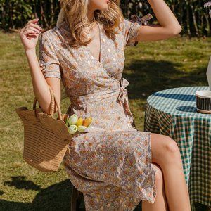 New Simplee Knotted Cuff Wrap Belted Floral Print Dress